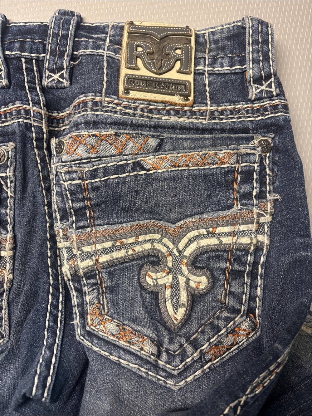 Rock Revival Men’s Blue Embroidered Boot Cut Jeans Slim Boot 31/32